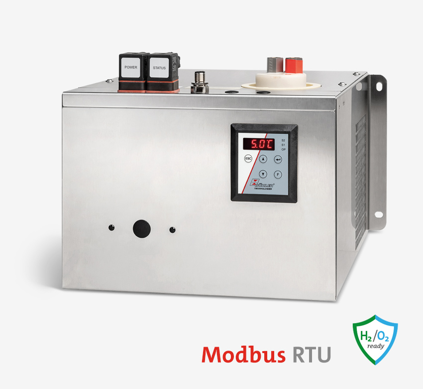 Messgaskühler RC 1.1 mit Wärmetauscher -H2/-O2 Die Baureihe RC 1.1 mit Wärmetauscher -H2/-O2 wurde speziell für die Anwendung mit hochreinem Wasserstoff oder Sauerstoff entwickelt.